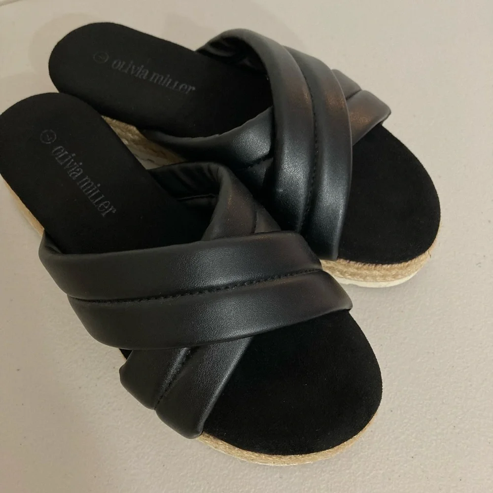 Olivia Miller Women's Black Faux Leather River Platform Slides Sandals